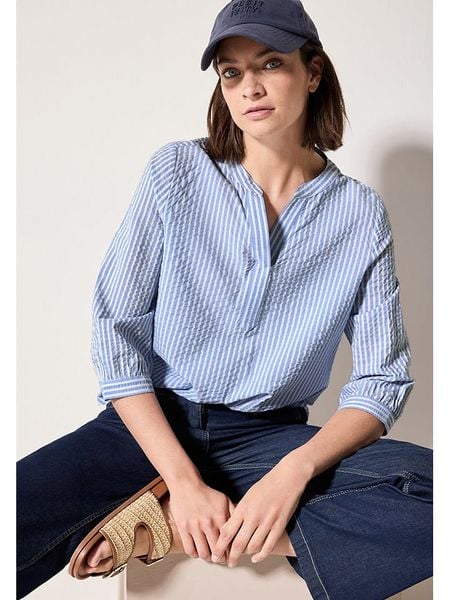 Cecil Bluzka w kolorze błękitno-białym rozmiar: L. Niebieskie bluzki damskie Cecil, l, bez wzorów, bez kołnierzyka, bez ramiączek. Za 114.44 zł.