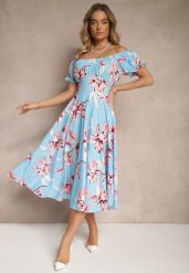 Niebieska Sukienka z Bawełną Rozkloszowana w Kwiatowy Print z Dekoltem Łódką Annirna. Niebieskie sukienki damskie Renee, bez wzorów, z bawełny, eleganckie, bez ramiączek. W wyprzedaży za 55.99 zł.