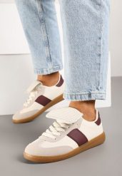 Beżowo-Bordowe Sznurowane Płaskie Sneakersy z Geometrycznym Wzorem Felilva. Brązowe obuwie sportowe damskie Renee, z jeansu, bez zapięcia. Za 74.99 zł.