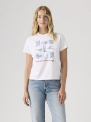 Levi's Koszulka w kolorze biało-błękitnym rozmiar: M. Białe bluzki damskie Levi's, m, bez wzorów, z bawełny, bez kołnierzyka, bez ramiączek. Za 84.21 zł.