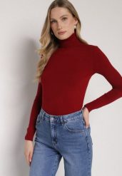 Bordowy Klasyczny Golf z Bawełną Reilisea. Czerwone golfy damskie Born2be, uniwersalny, bez wzorów, z bawełny, bez ramiączek. Za 49.99 zł.