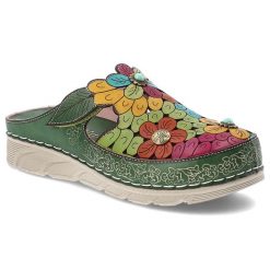 Klapki damskie Laura Vita, kwiatowa cholewka ze skóry naturalnej ozdobne aplikacje wygodna podeszwa codzienny letni fason, zielone, Dorry 22 AJ1819-B. Zielone klapki damskie LAURA VITA, z aplikacjami, ze skóry, bez obcasa, bez zapięcia. Za 278.90 zł.