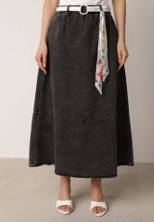 Czarna Rozkloszowana Spódnica Jeansowa z Bawełny z Paskiem z Apaszką Ipharianne. Czarne spódnice damskie Born2be, do pracy, l, bez wzorów, z bawełny, biznesowe, midi. Za 179.99 zł.