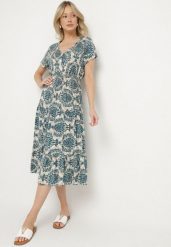 Niebieska Bawełniana Sukienka o Rozkloszowanym Kroju z Gumką w Pasie Desilona. Niebieskie sukienki damskie Born2be, bez wzorów, z bawełny, eleganckie, bez ramiączek. Za 69.99 zł.