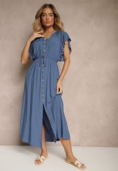 Niebieska Rozkloszowana Sukienka z Bawełny z Ozdobnymi Guzikami i Falbankami Arriza. Niebieskie sukienki damskie Renee, bez wzorów, z bawełny, eleganckie, bez ramiączek. W wyprzedaży za 38.49 zł.