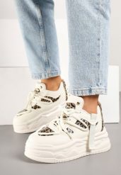 Beżowo-Panterkowe Streetwearowe Sneakersy na Platformie z Brokatem i Aplikacjami Maivessa. Brązowe obuwie sportowe damskie Born2be, z jeansu, bez zapięcia. Za 109.99 zł.