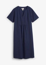 Sukienka tunikowa z kieszeniami, z materiału z domieszką lnu. Niebieskie sukienki damskie bonprix, bez wzorów, bez ramiączek. Za 149.99 zł.