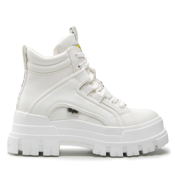 Trzewiki Buffalo. Białe botki damskie Buffalo, bez obcasa, na płaskiej podeszwie, bez zapięcia. Za 339.99 zł.