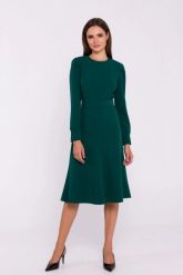 Elegancka sukienka rozkloszowana z paskiem butelkowa zieleń. Zielone sukienki damskie Stylove, bez wzorów, z elastanu, biznesowe, bez ramiączek. Za 389.00 zł.