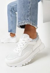 Białe Sneakersy na Grubej Podeszwie z Brokatem Komerta. Białe obuwie sportowe damskie Born2be, z jeansu, bez zapięcia. Za 99.99 zł.