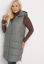 Ciemnoszara Pikowana Kamizelka z Kapturem na Suwak i Napy Timella. Szare kamizelki damskie Born2be, plus size, z aplikacjami, z jeansu, z kapturem. Za 159.99 zł.