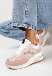 Różowe Sneakersy ze Złotymi Wstawkami i Brokatem oraz Cyrkoniami Avanalis. Czerwone obuwie sportowe casual damskie Born2be. Za 99.99 zł.