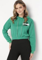 Zielona Bluza o Krótkim Fasonie z Kapturem i Ściągaczami oraz Nadrukiem Varel. Zielone bluzy damskie Born2be, l, bez wzorów, z kapturem. Za 34.99 zł.