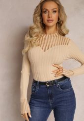 Beżowy Golf z Prześwitującymi Wstawkami Nirelle. Brązowe golfy damskie Renee, z aplikacjami, z dzianiny, bez ramiączek. Za 49.99 zł.