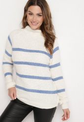 Beżowo-Niebieski Sweter z Wiskozą w Paski Dintia. Niebieskie swetry klasyczne damskie Born2be, uniwersalny, z jeansu, bez kołnierzyka. Za 64.99 zł.