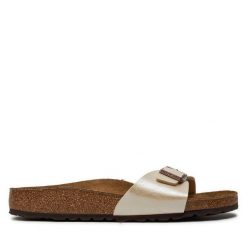 Klapki Birkenstock. Brązowe klapki damskie Birkenstock, bez wzorów, bez obcasa, bez zapięcia. Za 309.99 zł.