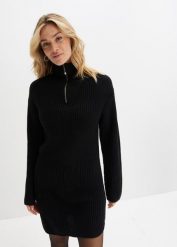 Sukienka dzianinowa z akrylu z recyklingu. Czarne sukienki damskie bonprix, bez wzorów, z dzianiny, bez ramiączek. Za 139.99 zł.