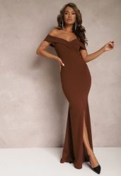 Brązowa Taliowana Sukienka Maxi z Rozcięciem Perlina. Brązowe sukienki damskie Renee, bez wzorów, eleganckie, bez ramiączek. W wyprzedaży za 135.99 zł.
