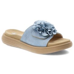 Niebieskie Klapki Rieker Wygodne Obuwie Damskie Z Kwiatem. Niebieskie klapki damskie Rieker, bez wzorów, bez obcasa, bez zapięcia. Za 287.90 zł.