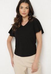 Czarna Bluzka z Szerokimi Rękawami Sunevia. Czarne bluzki damskie Born2be, m, bez wzorów, z jeansu, eleganckie, bez kołnierzyka, bez ramiączek. Za 39.99 zł.