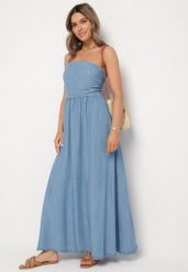 Granatowa Sukienka Rozkloszowana z Dekoltem Typu Bandeau Mavilore. Niebieskie sukienki damskie Born2be, z aplikacjami, eleganckie, bez ramiączek. W wyprzedaży za 84.99 zł.