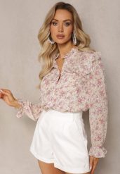 Jasnobeżowa Koszula w Kwiaty ze Stójką Falbankami i Połyskującym Zdobieniem Blemia. Brązowe koszule damskie Renee, l, z aplikacjami, eleganckie, bez kołnierzyka, bez ramiączek. Za 99.99 zł.