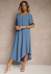 Niebieska Sukienka z Bawełną o Rozkloszowanym Kroju Lilzedi. Niebieskie sukienki damskie Renee, bez wzorów, z bawełny, eleganckie, bez ramiączek. W wyprzedaży za 63.99 zł.