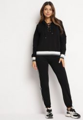 Czarny Bawełniany Komplet Dresowy Bluza Kangurka i Spodnie z Lampasami Cantoe. Czarne bluzy damskie Born2be, m, bez wzorów, z bawełny, z kapturem. Za 179.99 zł.