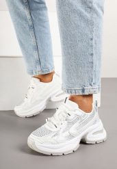 Białe Sneakersy Streetwearowe na Grubej Podeszwie Zdobione Brokatem Felanwea. Białe obuwie sportowe damskie Born2be, z jeansu, bez zapięcia. Za 109.99 zł.