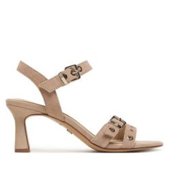 Sandały Tamaris. Brązowe sandały damskie Tamaris, bez wzorów, bez obcasa, na słupku, bez zapięcia. Za 329.99 zł.