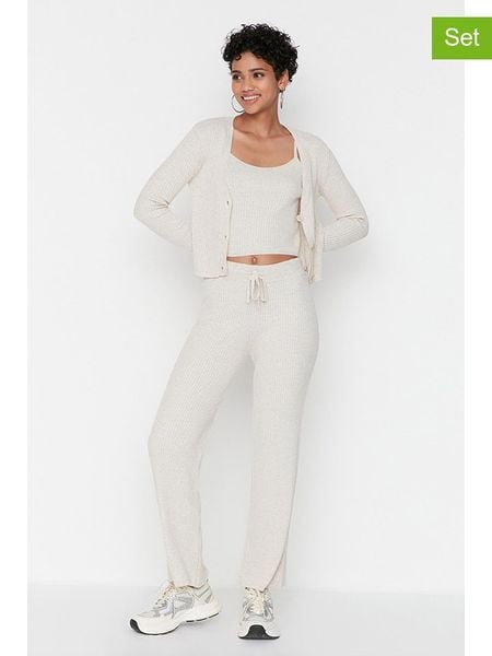 Trendyol 3-częściowy zestaw w kolorze beżowym rozmiar: L. Brązowe kardigany damskie Trendyol, l, bez wzorów, prążkowane. Za 140.20 zł.