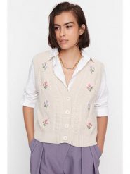 Trendyol Kamizelka dzianinowa w kolorze kremowym rozmiar: M. Brązowe kamizelki damskie Trendyol, m, bez wzorów, z dzianiny, bez kaptura. Za 60.99 zł.