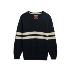Damski oversize sweter w paski z dekoltem w serek Superdry. Niebieskie swetry klasyczne damskie Superdry, na zimę, bez kołnierzyka. Za 326.85 zł.