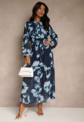 Granatowa Sukienka o Pudełkowym Kroju w Kwiatowy Wzór Ozdobiona Paskiem Acexia. Niebieskie sukienki damskie Renee, z aplikacjami, biznesowe, bez ramiączek. Za 129.99 zł.