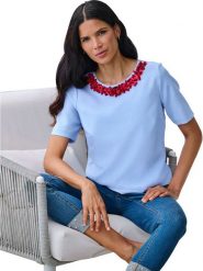 Heine Bluzka w kolorze błękitnym rozmiar: 44. Niebieskie bluzki damskie Heine, z aplikacjami, bez kołnierzyka, bez ramiączek. Za 86.99 zł.