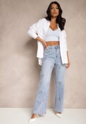 Niebieskie Szerokie Jeansy High Waist Zdobione Wzorem w Kwiaty Firedis. Niebieskie jeansy damskie Renee, z podwyższonym stanem. Za 109.99 zł.