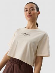 4F T-shirt crop top z nadrukiem damski - kremowy L. Brązowe t-shirty damskie 4F, l, bez wzorów, z bawełny, bez kołnierzyka. W wyprzedaży za 39.99 zł.