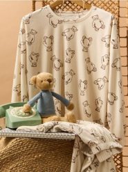 Welurowa piżama dwuczęściowa ze wzorem w misie - kremowy. Białe piżamy damskie Sinsay, bez wzorów, z weluru, bez ramiączek. Za 69.99 zł.