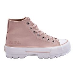 Wysokie Materiałowe Trampki Na Platformie Big Star LL274157 Nude różowe. Czerwone trampki damskie bez wzorów, z gumy, za kostkę, bez zapięcia. Za 228.69 zł.
