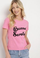 Różowy Bawełniany T-shirt z Ozdobnym Napisem z Cyrkonii Tiavalia. Czerwone t-shirty damskie Born2be, l, bez wzorów, z bawełny, bez kołnierzyka. Za 34.99 zł.