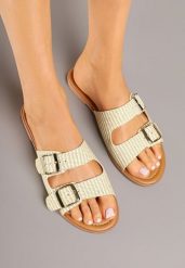 Beżowe Klapki z Dwoma Paskami i Klamrami Iffunise. Brązowe klapki damskie Born2be, bez wzorów, z jeansu, bez obcasa, na płaskiej podeszwie, bez zapięcia. Za 44.99 zł.