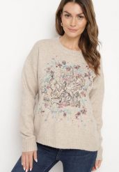Brązowy Sweter Ozdobiony Haftowanym Wzorem Inadrea. Brązowe swetry klasyczne damskie Born2be, z jeansu, bez kołnierzyka. Za 159.99 zł.