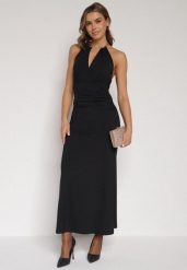 Czarna Sukienka Koktajlowa z Dekoltem Halter i Odkrytymi Plecami Sewrina. Czarne sukienki damskie Born2be, bez wzorów, z jedwabiu, eleganckie, bez ramiączek. Za 129.99 zł.