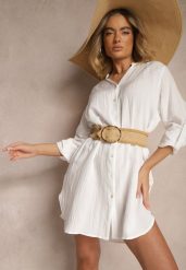 Biała Pudełkowa Sukienka Bawełniana Oversize z Dekoltem w Serek Elavellis. Białe sukienki damskie Renee, bez wzorów, z bawełny, eleganckie, bez ramiączek. Za 79.99 zł.