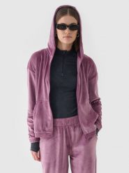 4F Bluza dresowa z weluru rozpinana z kapturem damska - różowa L. Czerwone bluzy damskie 4F, l, bez wzorów, z dresówki, z kapturem. W wyprzedaży za 79.99 zł.