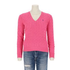 Second life - Damski różowy sweter z dekoltem w serek - Jak nowy. Czerwone golfy damskie Ralph Lauren, bez kołnierzyka. Za 255.56 zł.