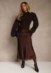 Brązowa Spódnica z Satyny Zdobiona Koronką Marefera. Brązowe spódnice damskie Renee, l, z aplikacjami, z koronki, maxi. Za 119.99 zł.