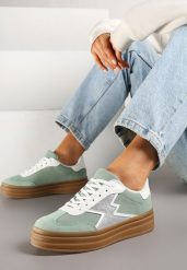 Jasnozielone Sneakersy w Stylu Tenisówek Ozdobione Geometrycznym Wzorem Tolivanna. Zielone obuwie sportowe damskie Renee, z jeansu, bez zapięcia, tenisowe. Za 89.99 zł.