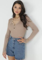 Beżowy Sweter z Prążkowanej Dzianiny Zapinany Leoleta. Brązowe swetry klasyczne damskie Born2be, z dzianiny, bez kołnierzyka. Za 99.99 zł.
