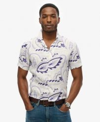 Superdry Lniana koszula z nadrukiem i rozpiętym kołnierzem. Szare koszule damskie Superdry, na lato, xl, bez wzorów, ze lnu, casualowe, bez kołnierzyka, bez ramiączek. Za 284.90 zł.